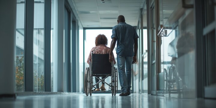 A back view of a male caregiver or partner guiding a woman in a wheelchair down a spacious clinic corridor with glass partitions and natural light. 