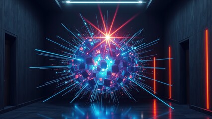 Fototapeta premium Dark room features glowing cube, radiating light beams. Red neon accents walls, creating futuristic ambiance. Minimalist design.