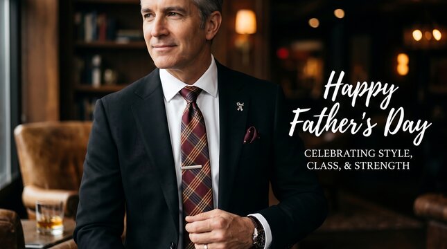 Handsome Mature Man in Elegant Suit for Happy Father's Day, Elegant Father's Day Greeting Banner, Stylish Father Celebration