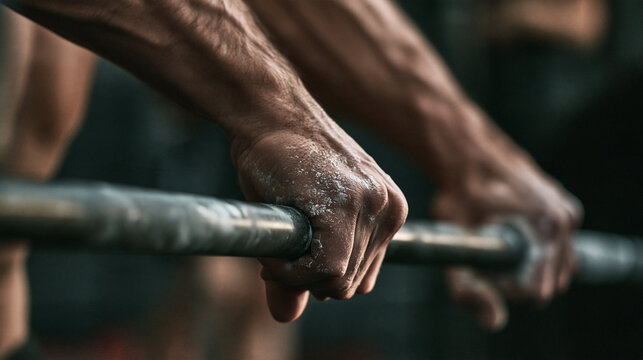 Close up of veiny muscular hands and forearms gripping a steel barbell covered in chalk in a dark gym, weightlifting, powerlifting, strength training, heavy lifting, bodybuilding and hard work concept