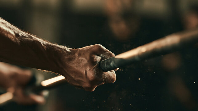 Close up of a rough muscular hand holding a barbell at an angle with chalk particles in the air, gym weightlifting, strength training, powerlifting, bodybuilding, fitness and determination concept