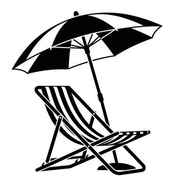 Black and white illustration of a striped beach chair and a matching parasol umbrella. vector illustration