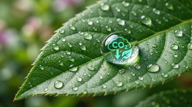 Close-up of green leaf with co2 and h2o illustration