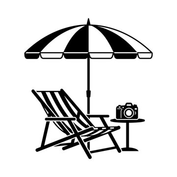 Black and white beach scene with umbrella, lounge chair, table, and camera. vector illustration