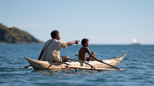 Philippine fisherman in a dugout canoe pointing toward reef markers as his teenage son takes in navigation knowledge passed without instruments, traditional oceanic wayfinding