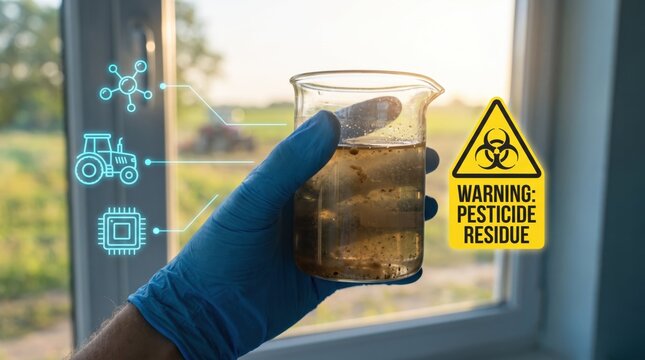 Hand holding pesticide residue contaminated water glass with warning sign
