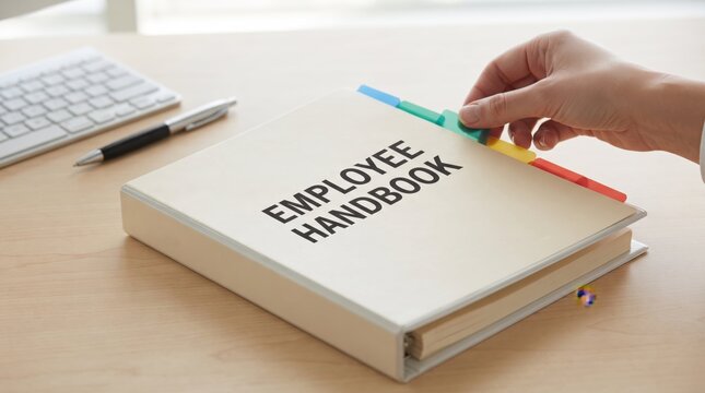 Hand opening employee handbook on wooden desk with keyboard