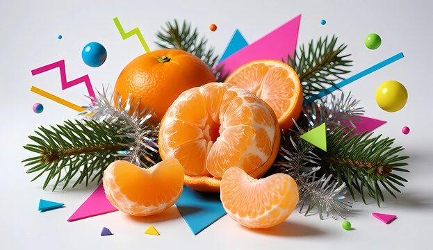 Stylized festive web banner featuring juicy citrus segments, silver tinsel and neon fuchsia elements