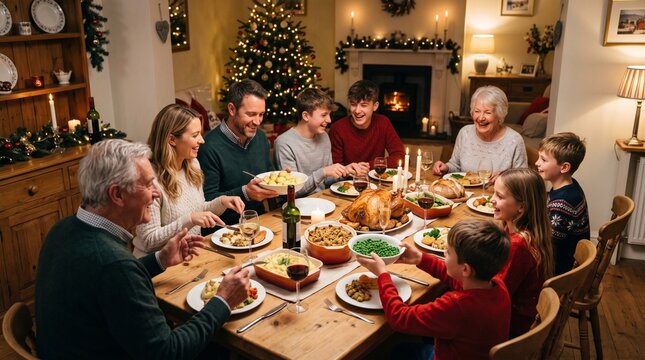 Multi-generational family enjoying a festive Christmas dinner together around a decorated table with a roast turkey and tree