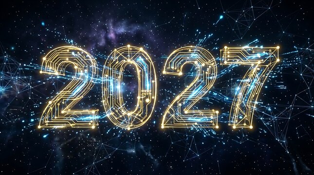 Illuminated 2027 new year celebration with sparkling lights and dark background