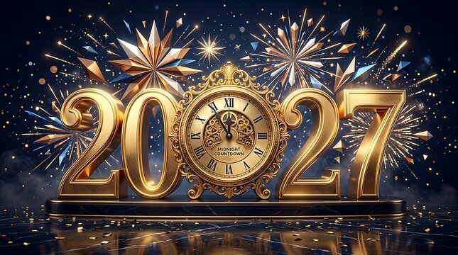 Golden new year 2027 celebration with fireworks and clock reflection