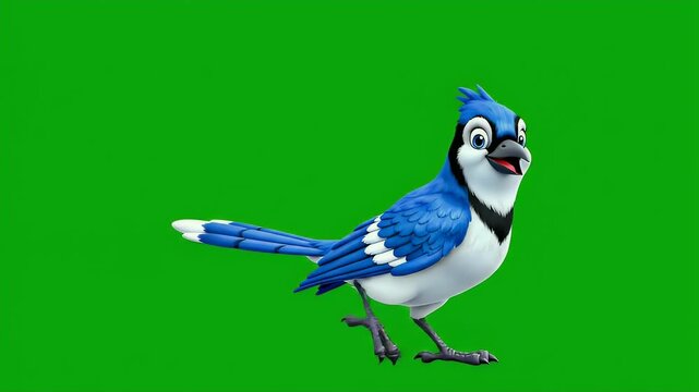 Animated blue jay with striking black and white markings on a green background
