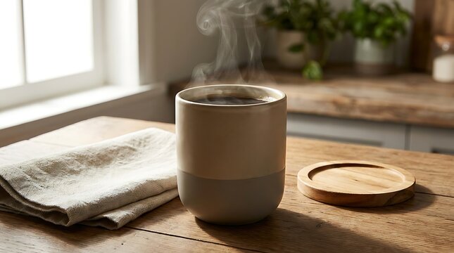 A green ceramic coffee mug with a wooden lid sitting on a rustic wooden table by a bright home window. double walled mug