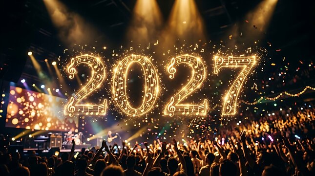 Golden illuminated 2027 new year celebration with cheering crowd and stage lights
