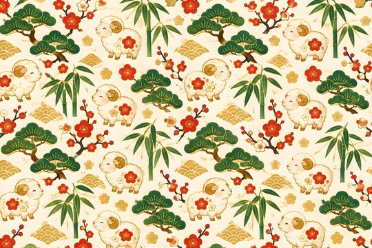 Pattern of cute sheep with pine, bamboo and plum, Japanese New Year auspicious design