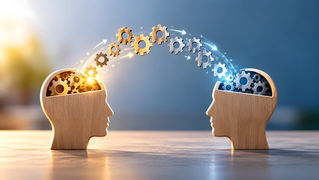 Knowledge transfer and communication concept with two wooden heads exchanging glowing gears