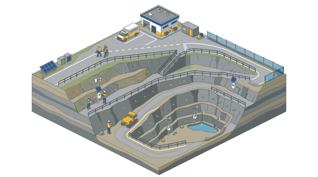 Minimalist Isometric of Multi Level Underground Parking Structure with Workers Vehicles and Safety Features