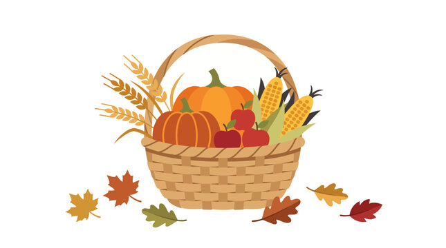 Autumn harvest basket vector illustration, thanksgiving pumpkin and corn wicker hamper, autumn leaves and wheat fall crop design element