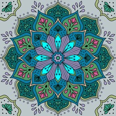abstract seamless pattern Beautiful ornate boho mandala with intricate henna details on a soft sage background. Indian and Moroccan inspired sacred geometry design featuring symmetrical floral motifs  © Nittaya