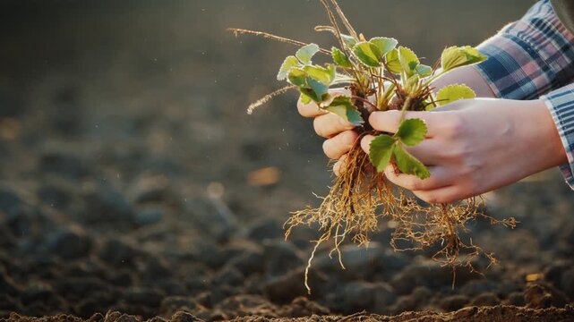 A close-up shot of farmer hands holding and examining strawberry seedlings with green leaves and visible roots against a backdrop of fertile soil.