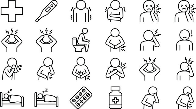Medical illness symptoms disease diagnosis clinic treatment patient pain health care line stroke black vector icon set