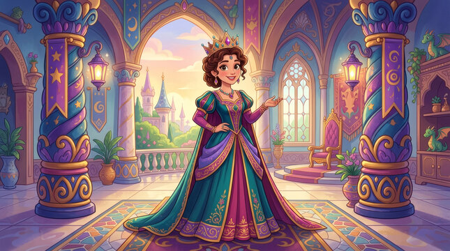Original Cartoon Queen Character in Colorful Fantasy Palace