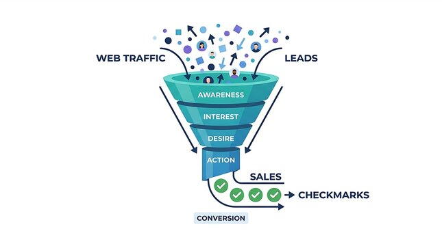 Minimal Flat 2D Vector Illustration of a Sales Conversion Funnel Displaying AIDA Stages Marketing Leads and Successful Sales Isolated on White Background