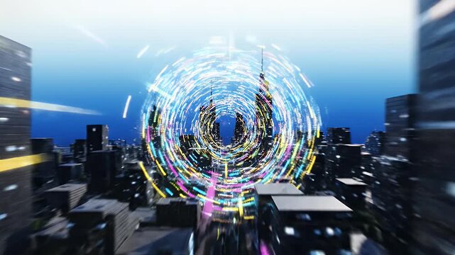 Streaks of vibrant light explode through a blurred, futuristic cityscape at night