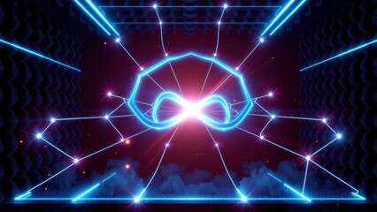 Obraz premium Neon geometric design. Bright lines form octagon, infinity symbol. Dark background with glowing particles, futuristic aesthetic.
