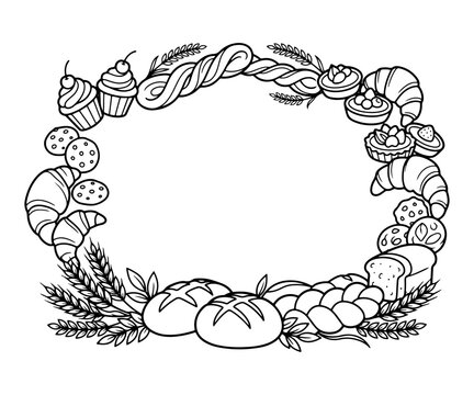 Illustrated bakery elements forming a decorative frame with croissants cupcakes breads and cookies. Perfect for food design.