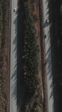 Top down aerial footage of cars and trucks driving on a divided highway cutting through dense taiga forest in the Ural region, Russia, with long shadows and fall colors