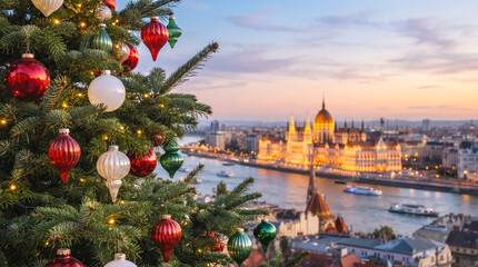 Obraz premium Festive Christmas tree decorated with red, white, and green ornaments overlooking the illuminated panorama of Budapest city