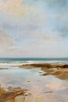 Fine Art. Oil painting capturing a tranquil coastal landscape with gentle ocean waves, beach reflections, and textured sand under a soft sky
