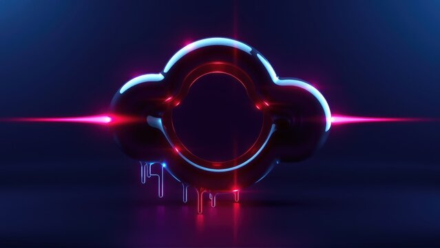 Futuristic cloud symbol glows with neon light. Dark background emphasizes vibrant red, blue hues. Minimalist design creates striking visual impact.