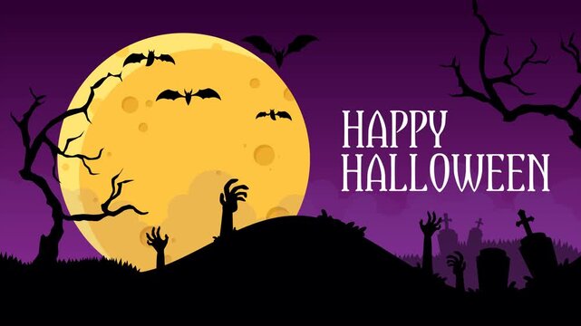 Halloween banner In Spooky Night with zombie in graveyard - Happy Halloween animation. halloween pattern easy to color adjustment