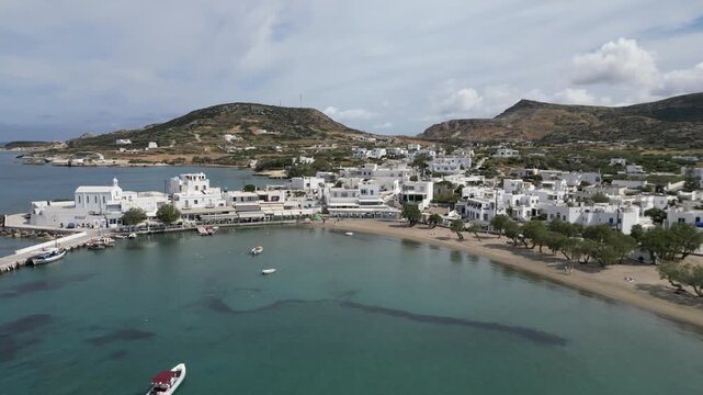 Aerial View Of Pollonia Beach And Waterfront Tavernas, Milos, Greece