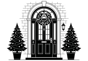 Obraz premium Black and white line art illustration of a festive front door decorated for the christmas holiday season