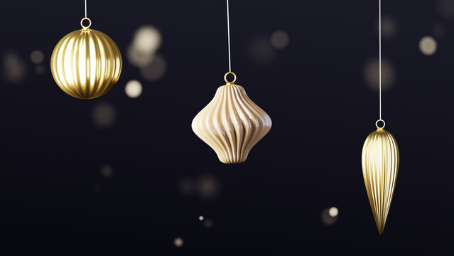 Elegant ribbed Christmas ornaments against a dark bokeh background