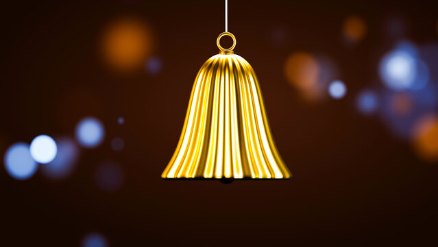Golden ribbed Christmas bell suspended against glowing bokeh