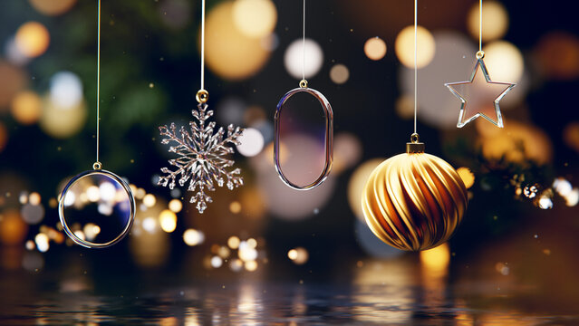 Christmas snowflake and glass ornaments beside a spiral gold bauble