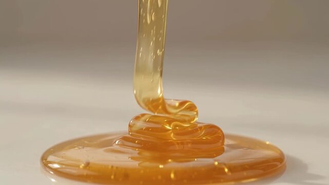 Golden honey pouring in a slow motion stream