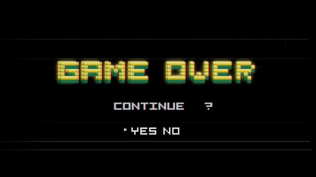 Retro Video Game Over Screen with Pixel Art Text and Continue Option