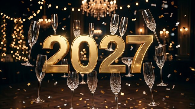 Golden 2027 new year celebration with champagne glasses and bokeh lights