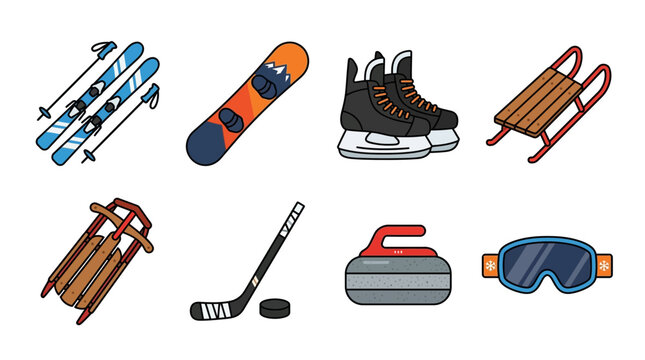 Set of winter sports equipment icons including skis snowboard skates sled hockey stick and goggles.