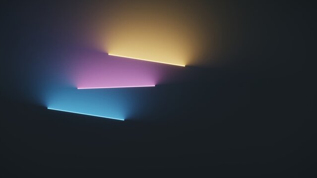 Colorful neon horizon glow on dark geometric background.