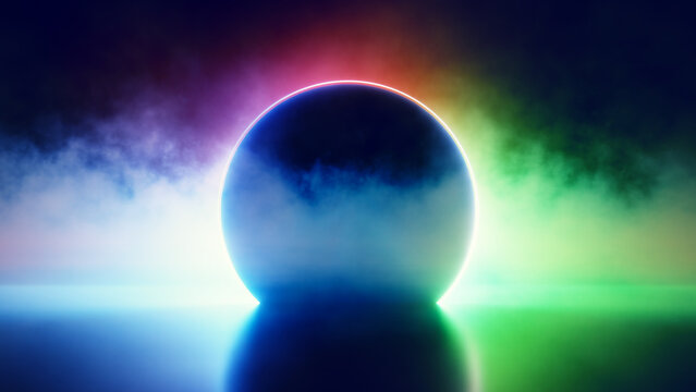 Glowing sphere silhouette in smoky RGB neon color background.