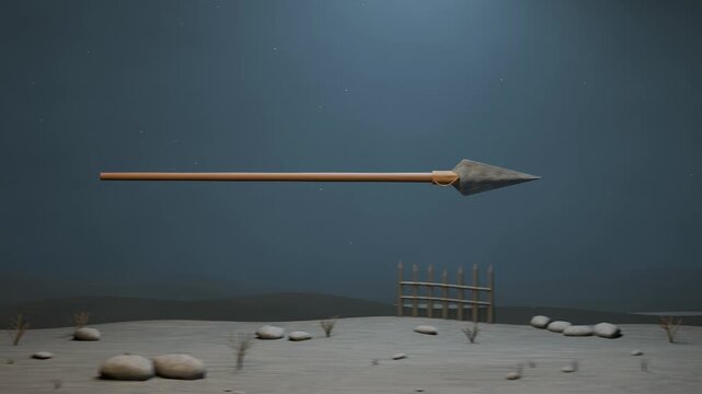 The evolution of warfare unfolds as a flying stone transforms into a spear, arrow, cannonball, bullet and rocket in a seamless 3D loop