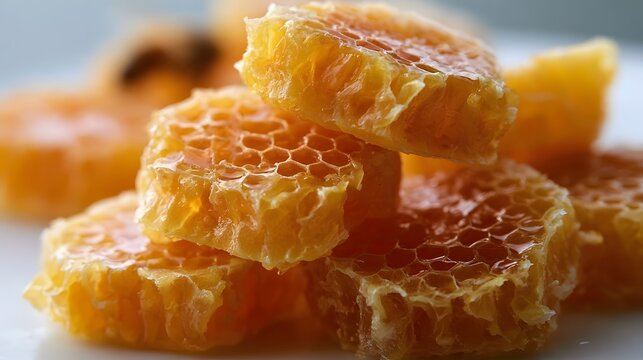 Close up of golden honeycomb pieces stacked with visible hexagonal cells and glistening honey