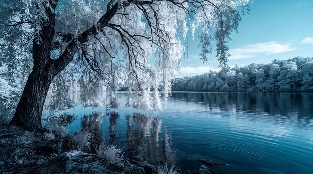 Surreal infrared view of frosty white trees framing a calm blue lake under a clear sky.