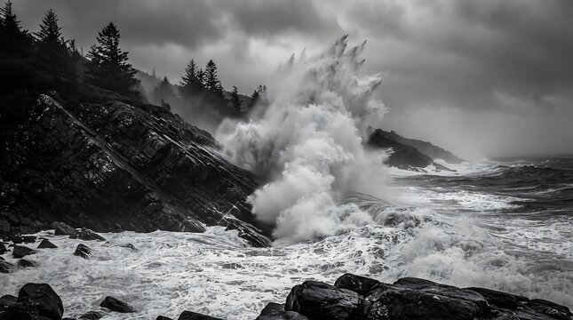 A powerful ocean wave crashes dramatically against a rocky, pine-covered coastline in black and white during a tempestuous storm.